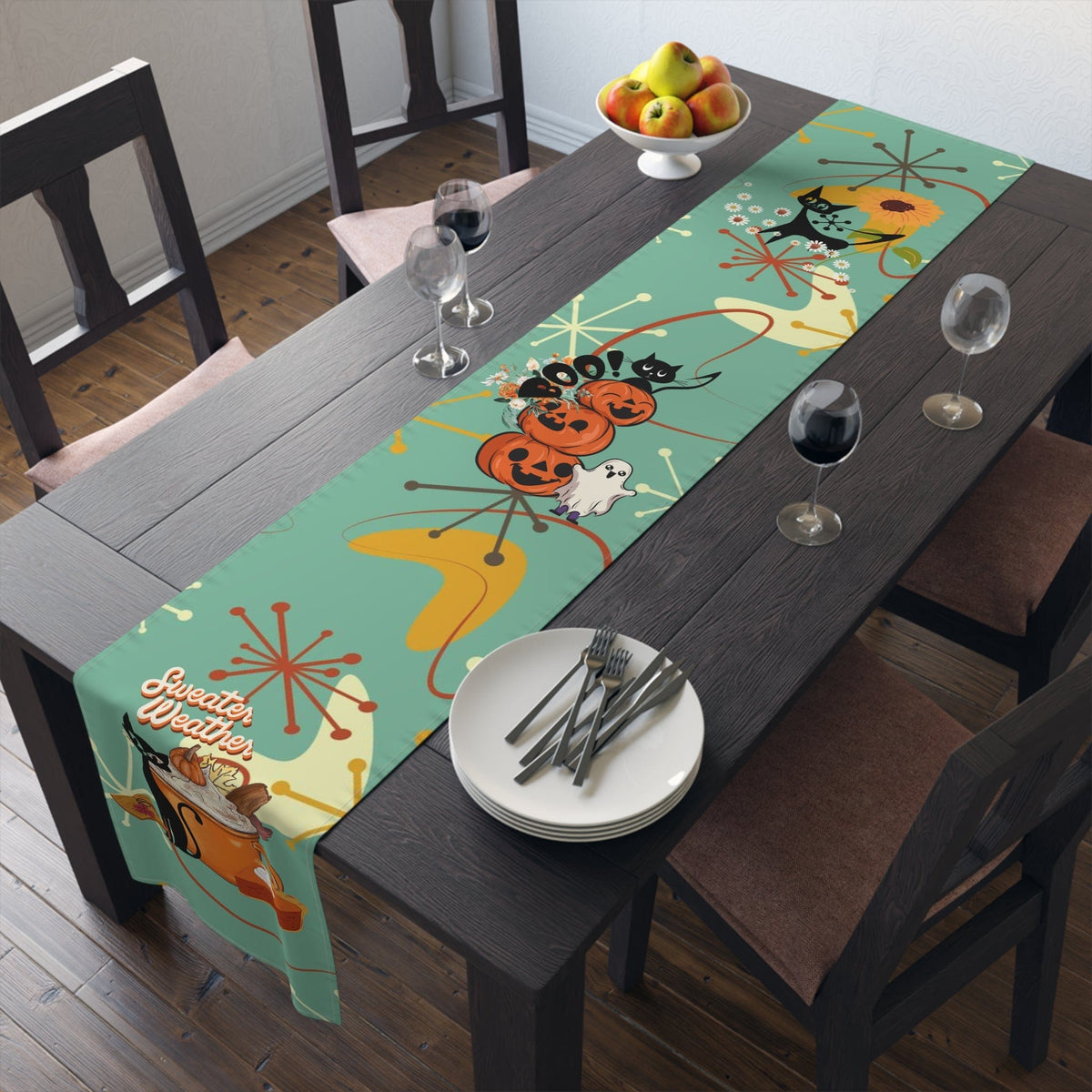 Atomic Cat Kitchen, Diningroom Table Runner, Kitschy Fall, Halloween, Seasonal Mid Century Modern Table Runner Home Decor