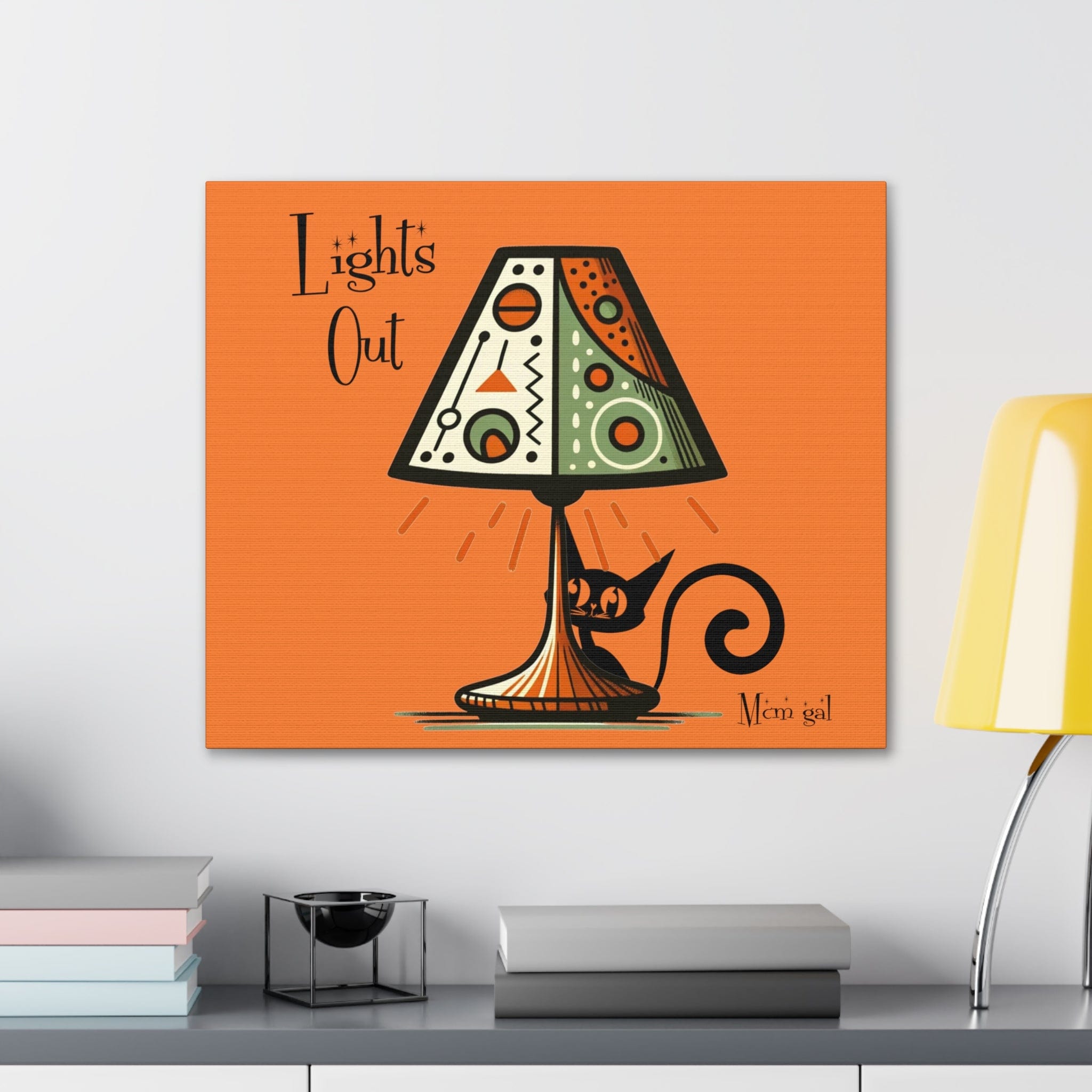 Atomic Cat Kitschy Art, Orange Mid Century Modern Wall Art, Lights Out, Modern Retro Art Canvas