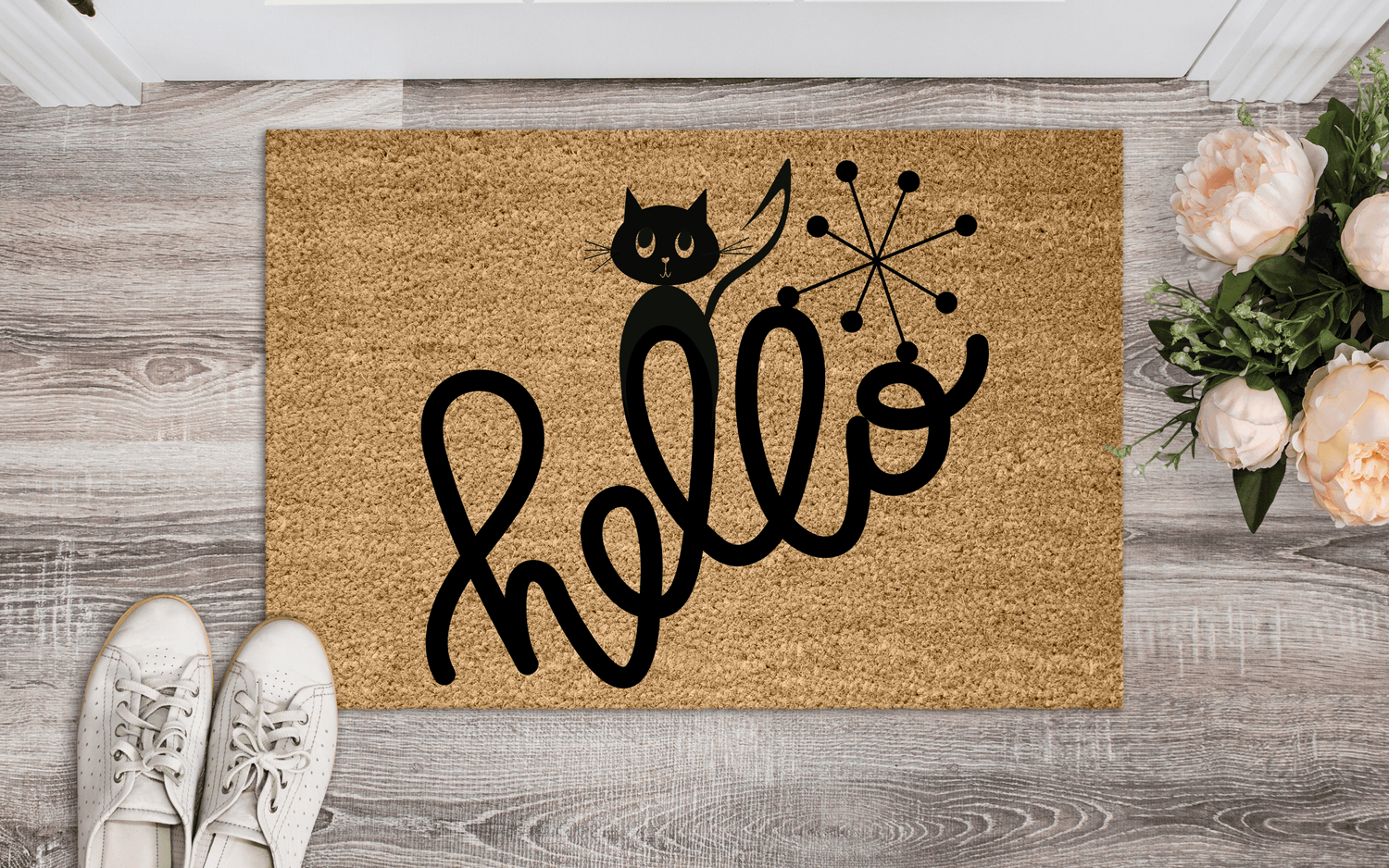 Atomic Cat, Kitschy Cute, Quirky, Summer Hello, Housewarming Mid Century Mod Welcome Mat Home Goods