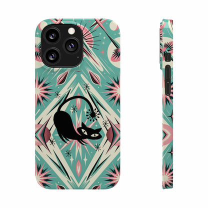 Atomic Cat, Mid Century Modern Aqua Blue, Pink, Starbursts iPhone 15 Models And More Slim Phone Cases Phone Case