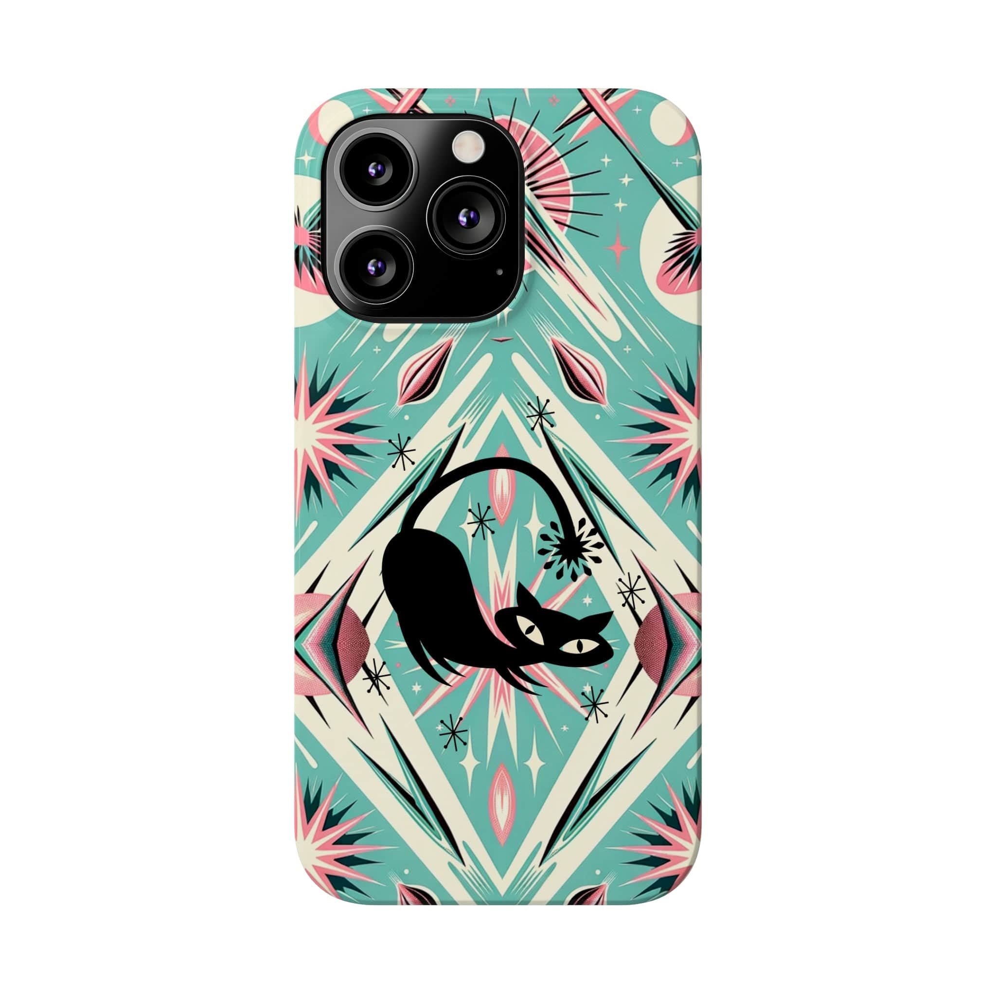 Atomic Cat, Mid Century Modern Aqua Blue, Pink, Starbursts iPhone 15 Models And More Slim Phone Cases Phone Case