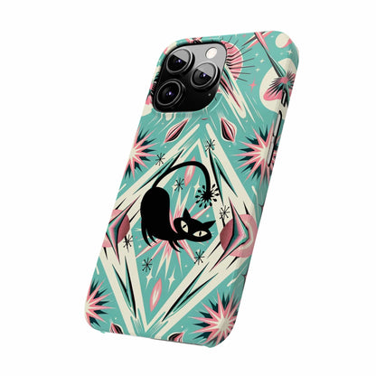 Atomic Cat, Mid Century Modern Aqua Blue, Pink, Starbursts iPhone 15 Models And More Slim Phone Cases Phone Case