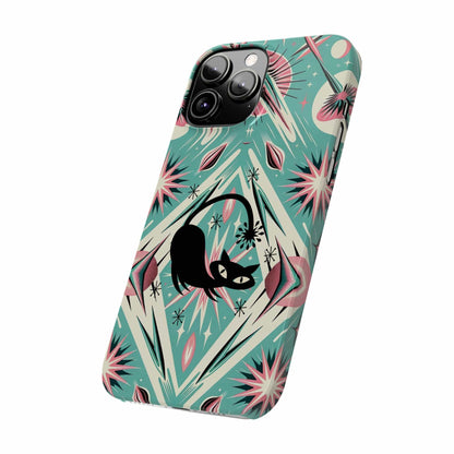 Atomic Cat, Mid Century Modern Aqua Blue, Pink, Starbursts iPhone 15 Models And More Slim Phone Cases Phone Case