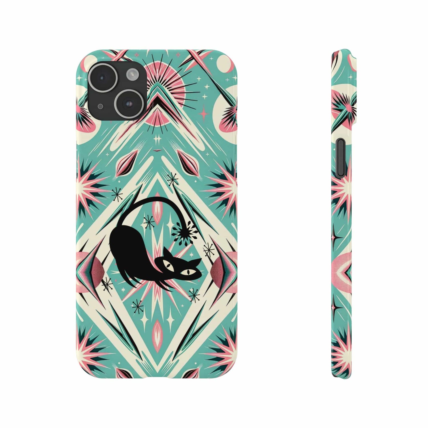 Atomic Cat, Mid Century Modern Aqua Blue, Pink, Starbursts iPhone 15 Models And More Slim Phone Cases Phone Case