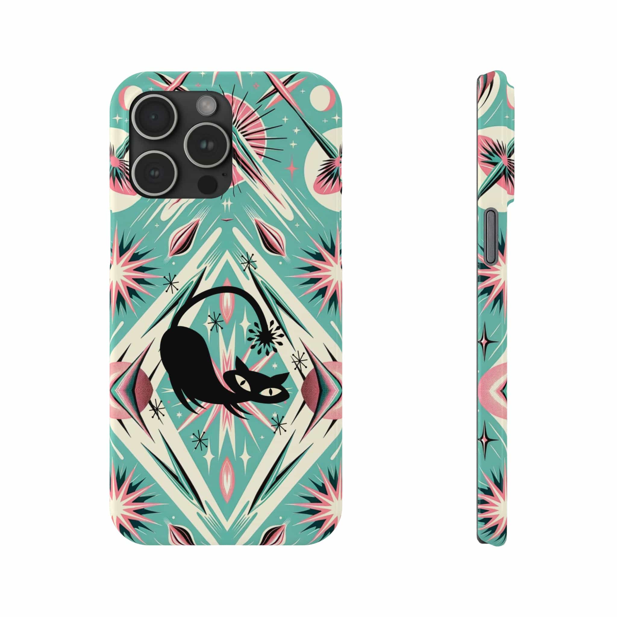 Atomic Cat, Mid Century Modern Aqua Blue, Pink, Starbursts iPhone 15 Models And More Slim Phone Cases Phone Case