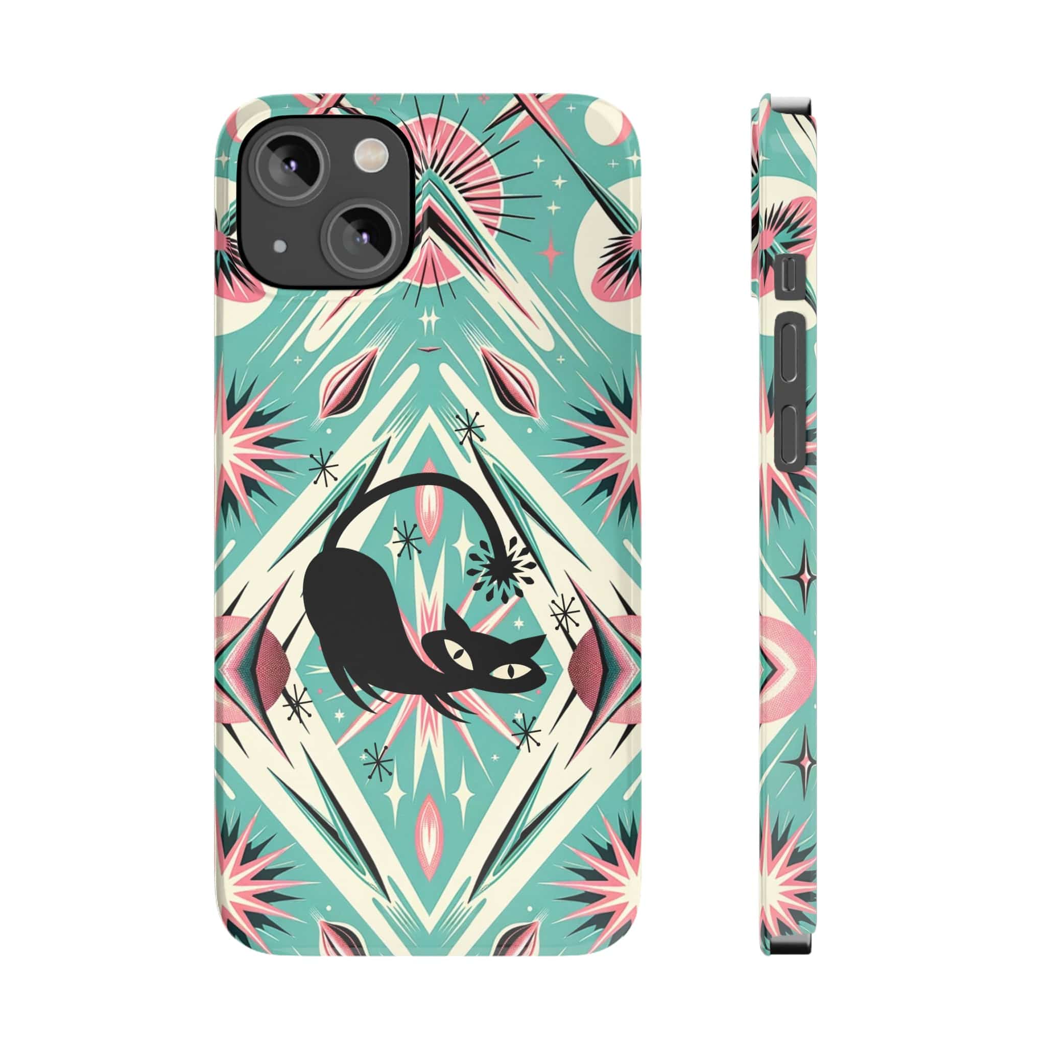 Atomic Cat, Mid Century Modern Aqua Blue, Pink, Starbursts iPhone 15 Models And More Slim Phone Cases Phone Case