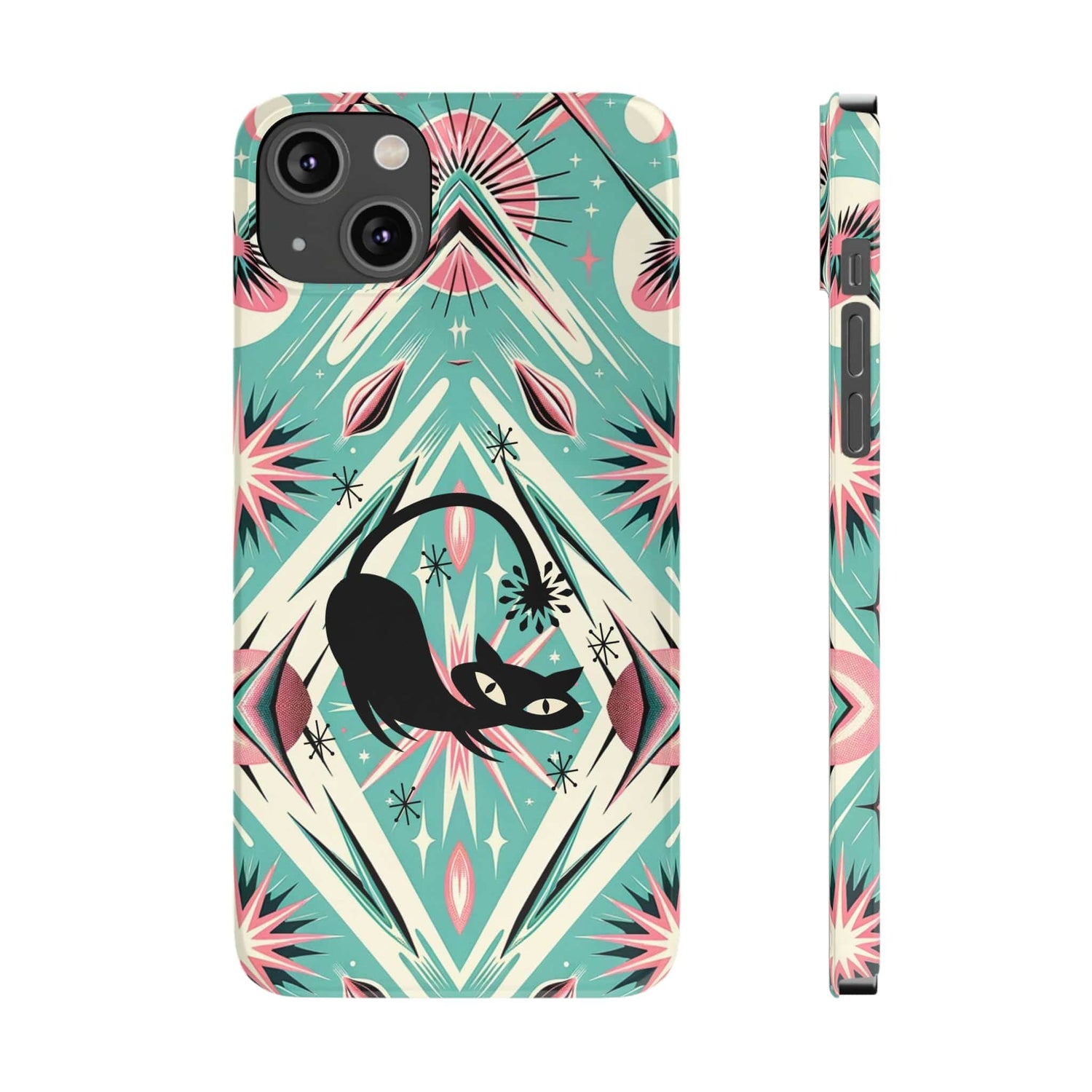 Atomic Cat, Mid Century Modern Aqua Blue, Pink, Starbursts iPhone 15 Models And More Slim Phone Cases Phone Case