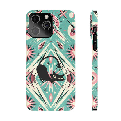 Atomic Cat, Mid Century Modern Aqua Blue, Pink, Starbursts iPhone 15 Models And More Slim Phone Cases Phone Case