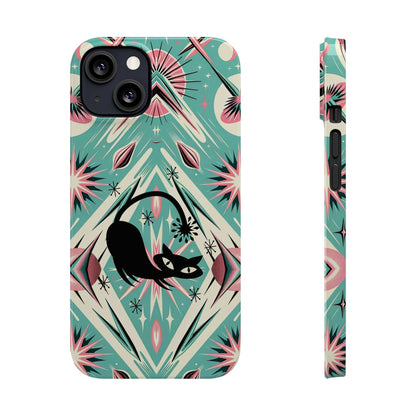 Atomic Cat, Mid Century Modern Aqua Blue, Pink, Starbursts iPhone 15 Models And More Slim Phone Cases Phone Case