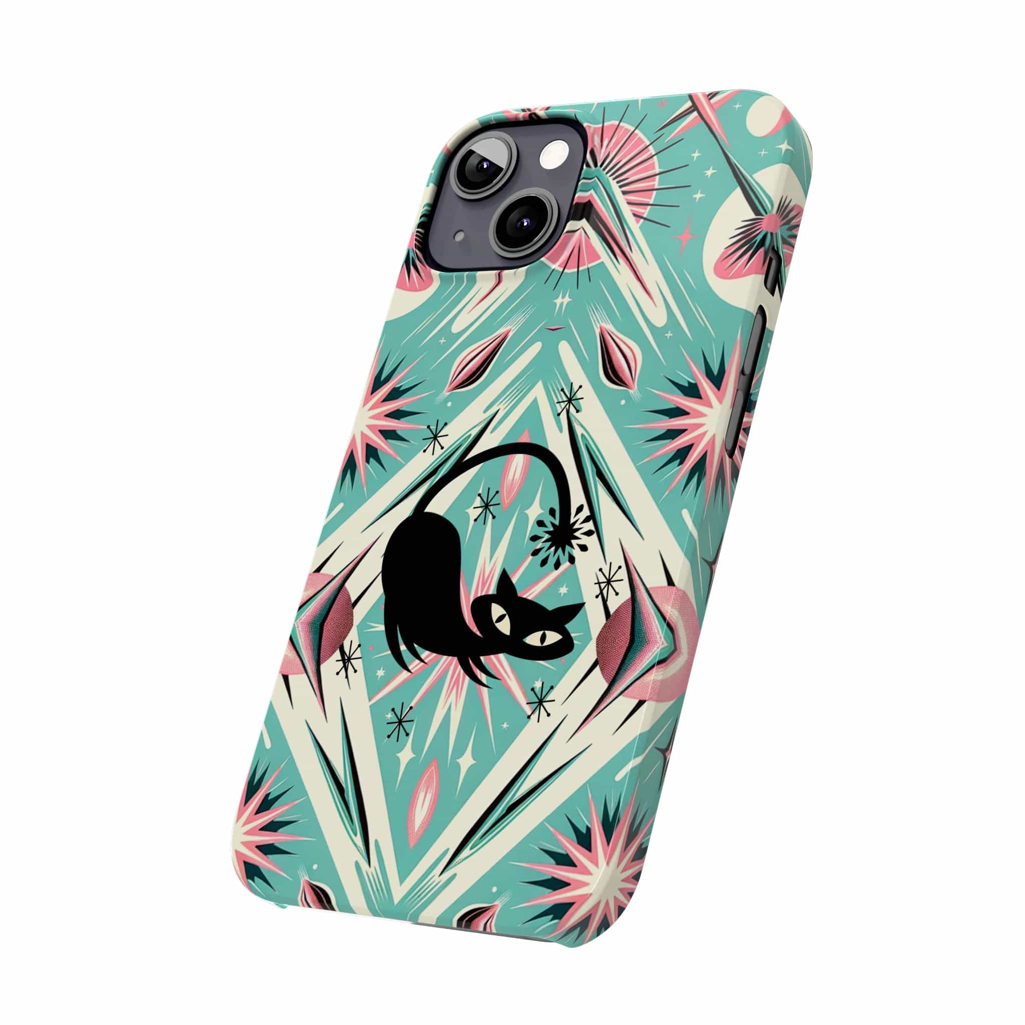 Atomic Cat, Mid Century Modern Aqua Blue, Pink, Starbursts iPhone 15 Models And More Slim Phone Cases Phone Case