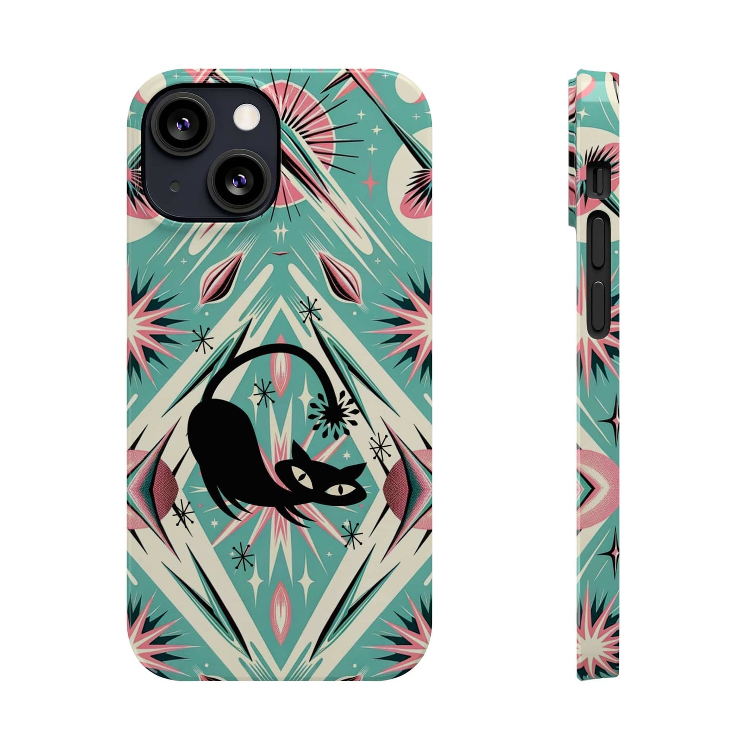 Atomic Cat, Mid Century Modern Aqua Blue, Pink, Starbursts iPhone 15 Models And More Slim Phone Cases Phone Case