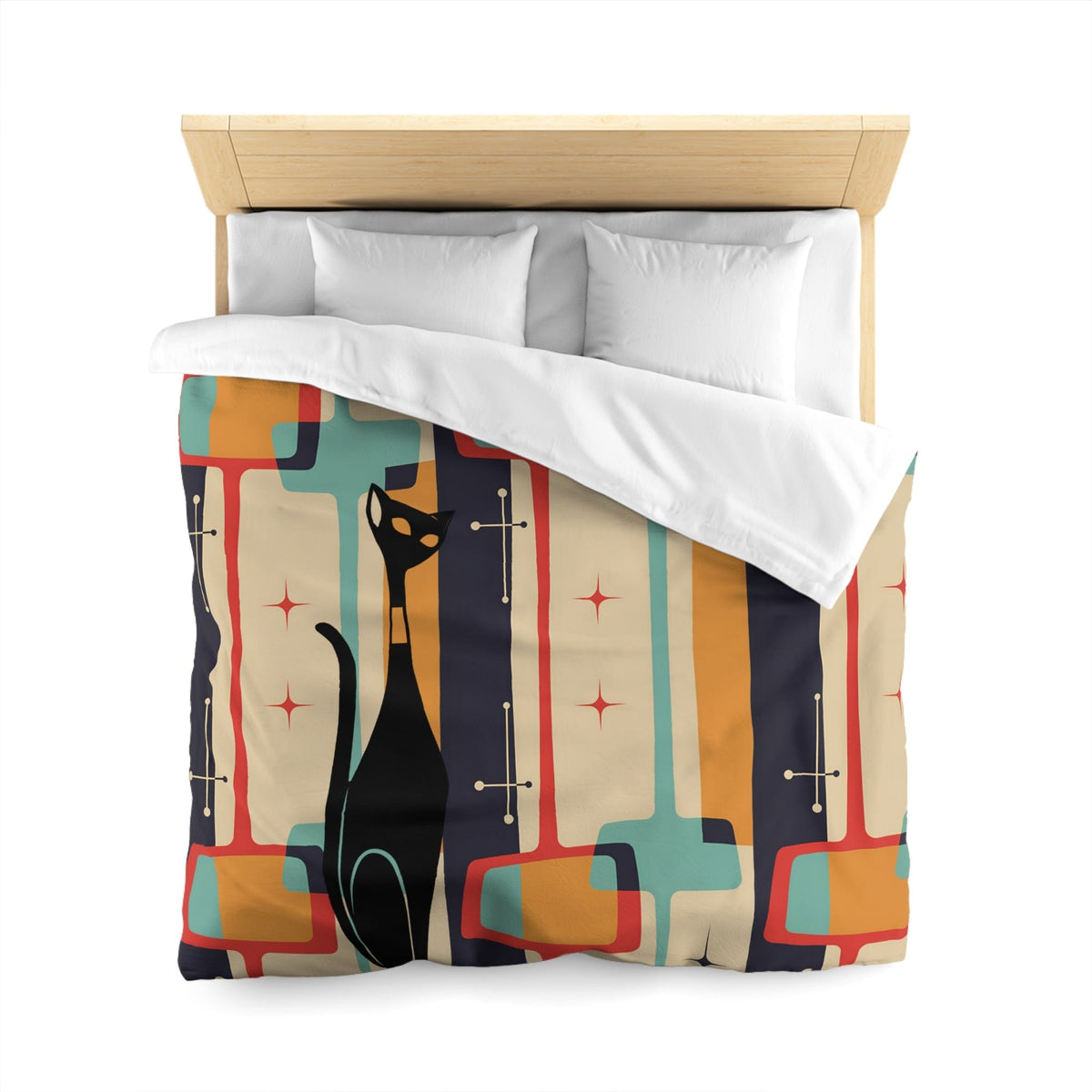 Atomic Cat, Mid Century Modern Bedding, Geometric, Slate, Beige, Burnt Orange, Golden Mustard Yellow, Aqua Blue, Retro Queen Duvet Cover Home Decor