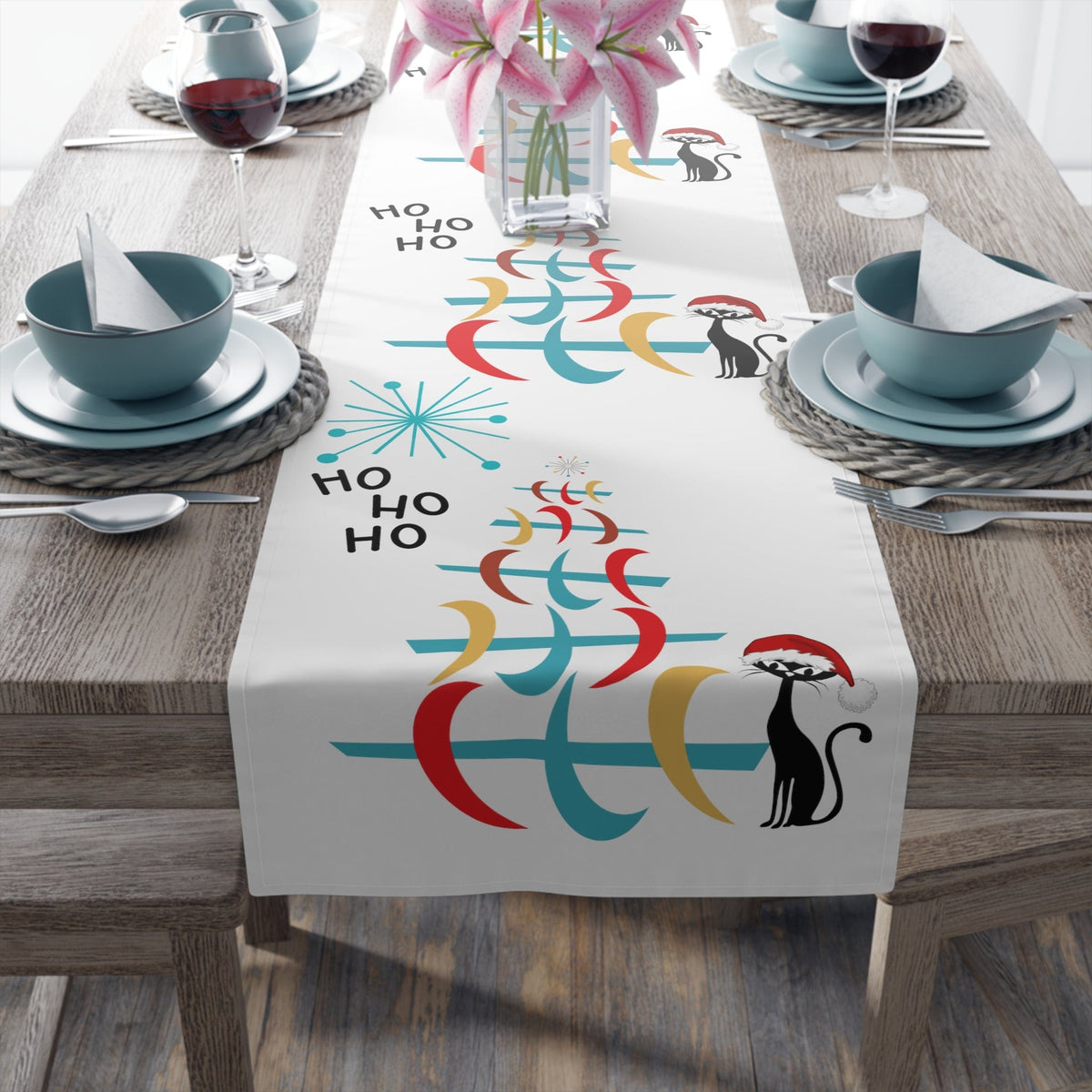 Atomic Cat, Mid Century Modern Christmas, Holiday, Winter, Kitschy Cute, Christmas Table Runner Home Decor
