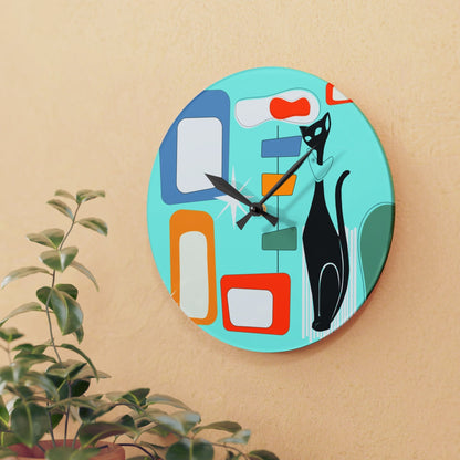 Atomic Cat Mid Century Modern, Geometric Aqua, Retro Acrylic Wall Clock Home Decor