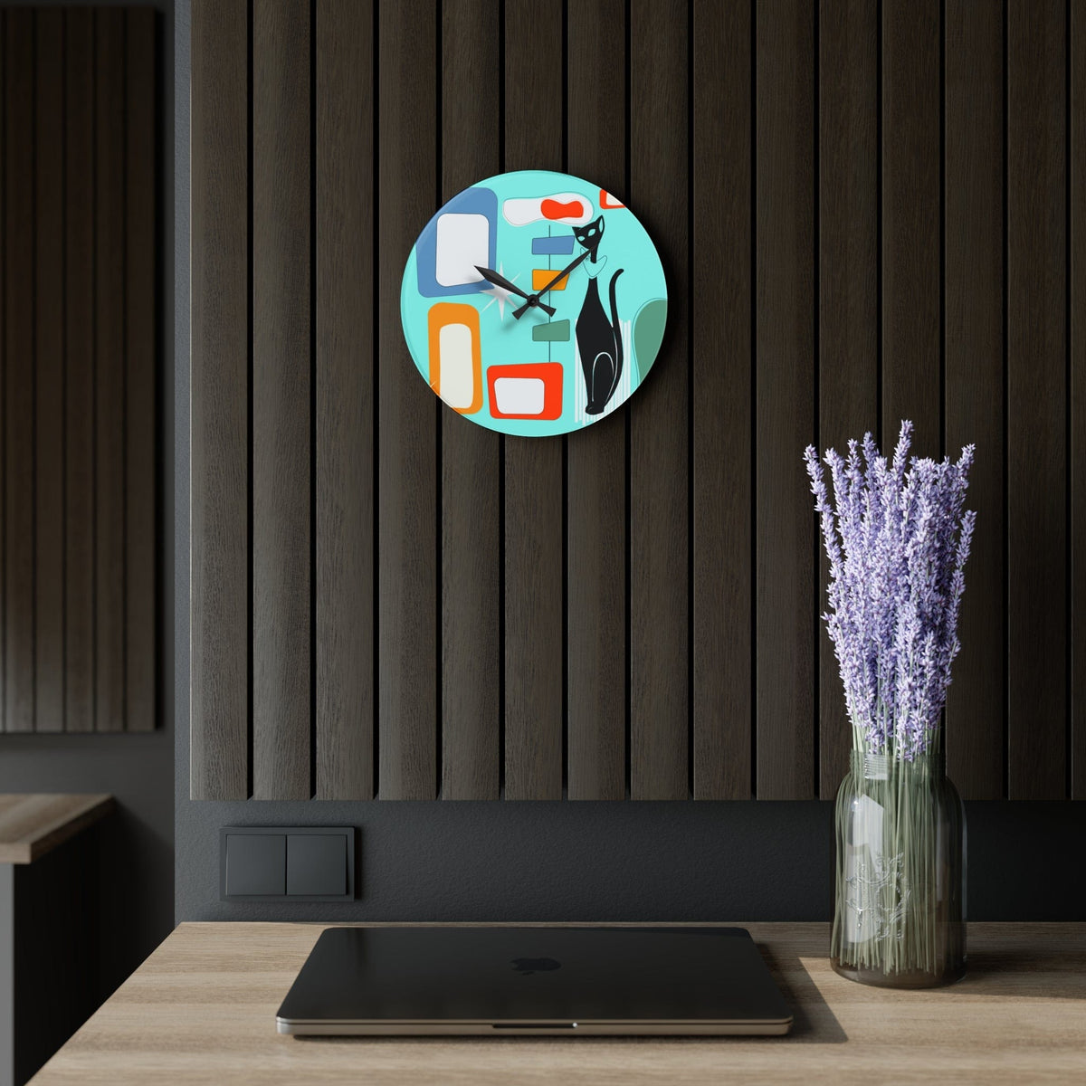 Atomic Cat Mid Century Modern, Geometric Aqua, Retro Acrylic Wall Clock Home Decor