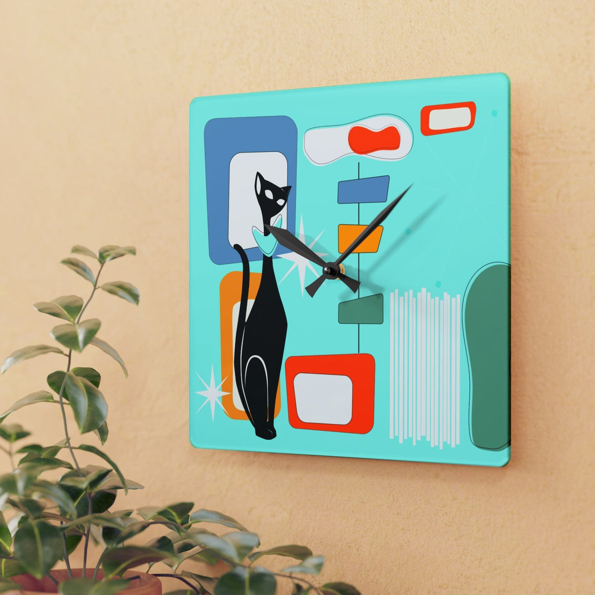 Atomic Cat Mid Century Modern, Geometric Aqua, Retro Acrylic Wall Clock Home Decor