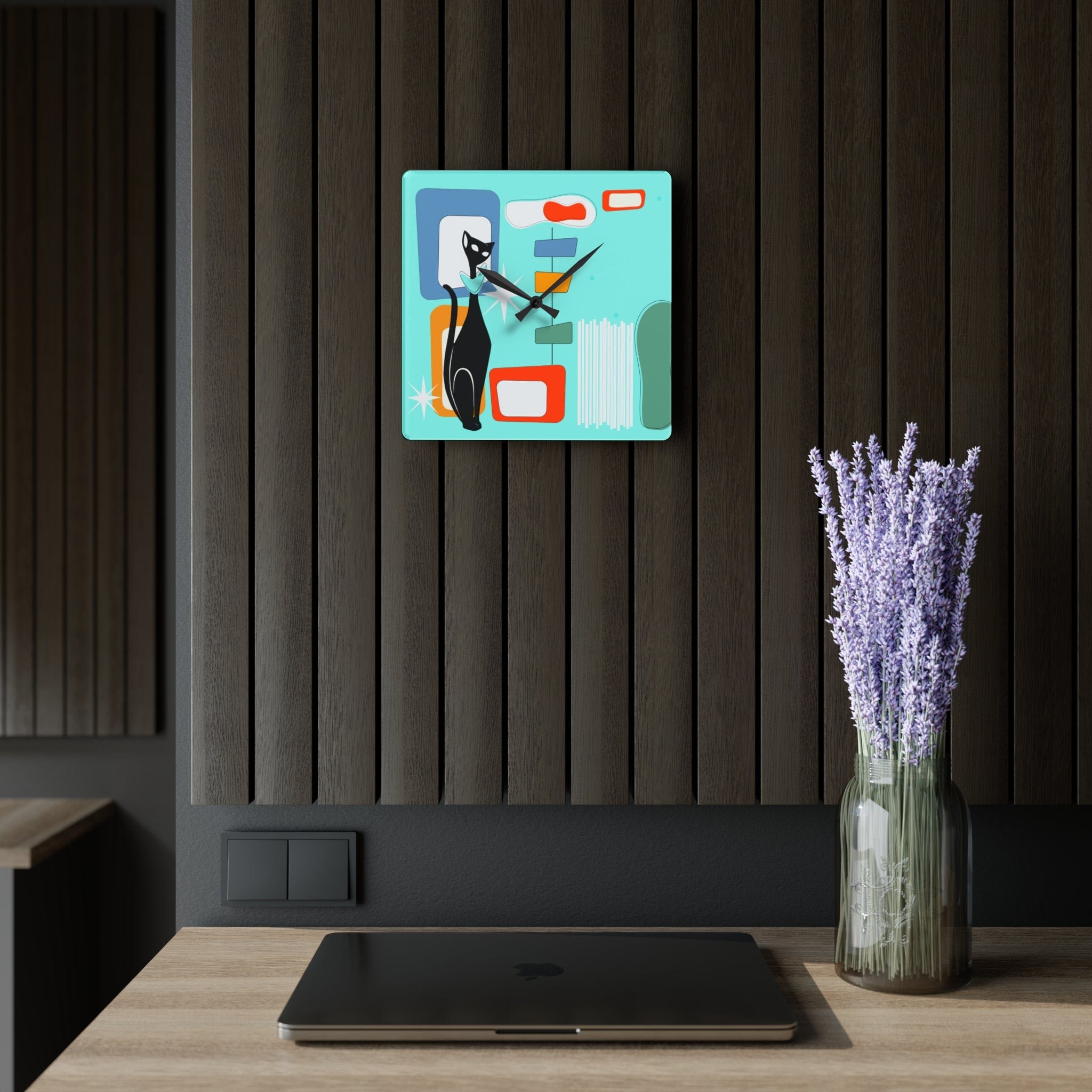 Atomic Cat Mid Century Modern, Geometric Aqua, Retro Acrylic Wall Clock Home Decor