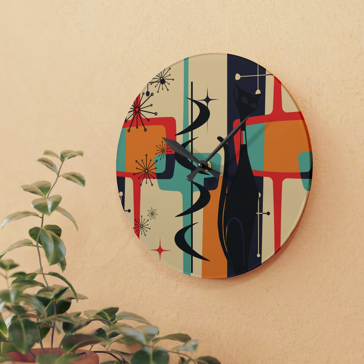 Atomic Cat, Mid Century Modern Geometric Beige, Gray, Burnt Orange, Retro Acrylic Wall Clock Home Decor