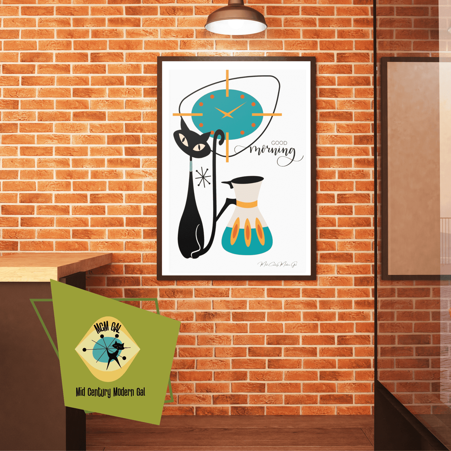 Atomic Cat, Mid Century Modern Kitchen Art, Atomic Clock, Good Morning, Kitchen Coffee Lover, Cat Momf Retro Satin Posters Poster