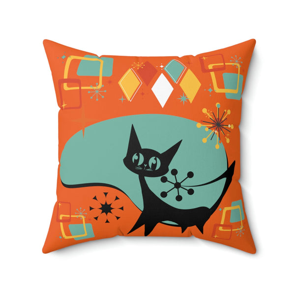 Atomic Cat, Mid Century Modern, Orange, Aqua Atomic Boomerang, Starburst, Retro Pillow Cover