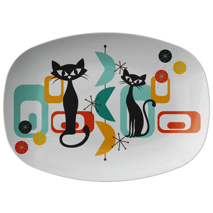 Atomic Cat Mid Century Modern Party Dinner Platter, His And Hers, Retro Party Modern Dishware Kitchenware