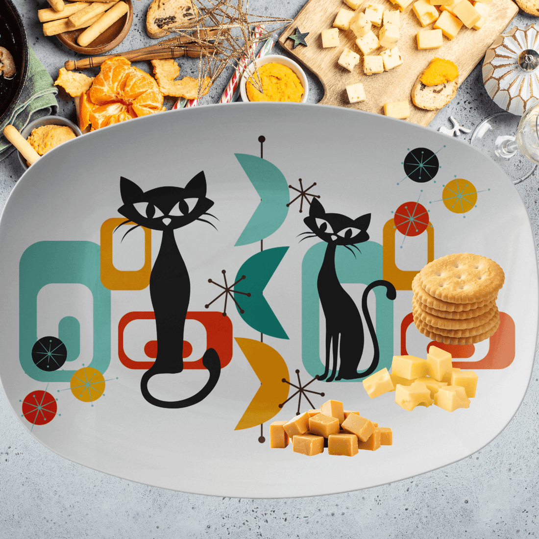 Atomic Cat Mid Century Modern Party Dinner Platter, His And Hers, Retro Party Modern Dishware Kitchenware