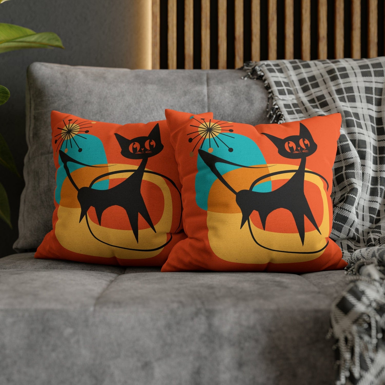 Atomic Cat, Orange Mid Mod Pillow Case ONLY Home Decor