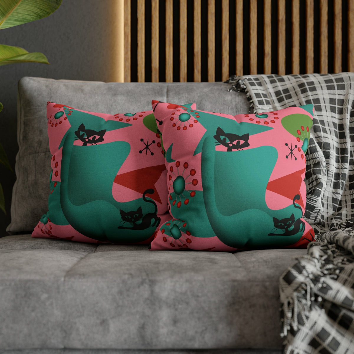 Atomic Cat Pillow Cover, Mid Century Design, Pink, Green, Aqua Kitsch Fun Atomic Era Pillow Case Home Decor