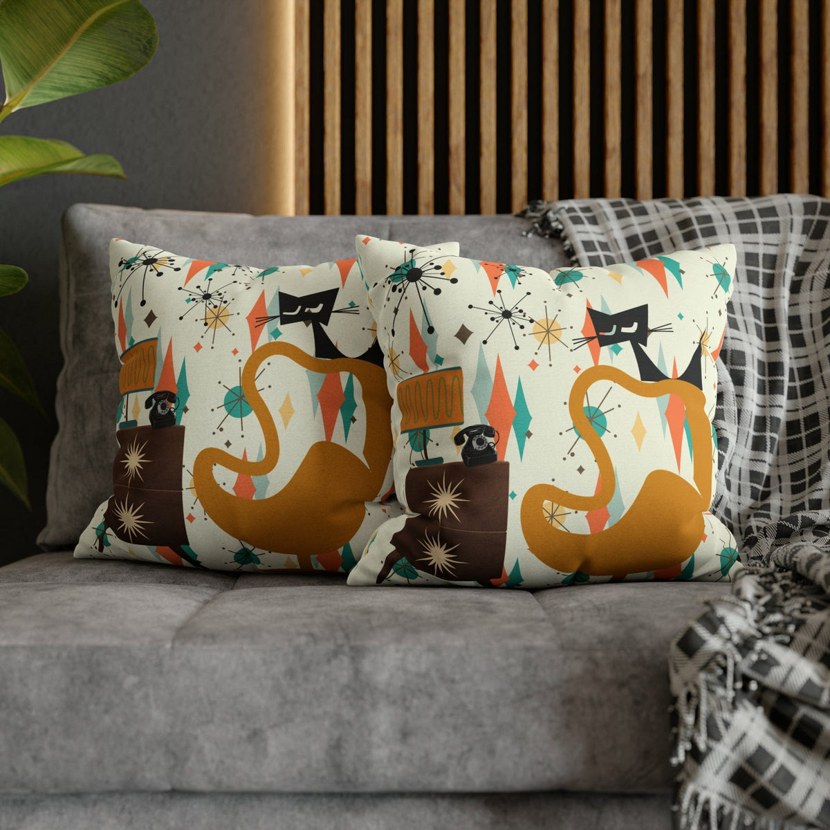Atomic Cat Pillow, Mid Century Modern Franciscan Diamond, Starburst Patter, Retro Groovy PILLOW Cover Only Home Decor