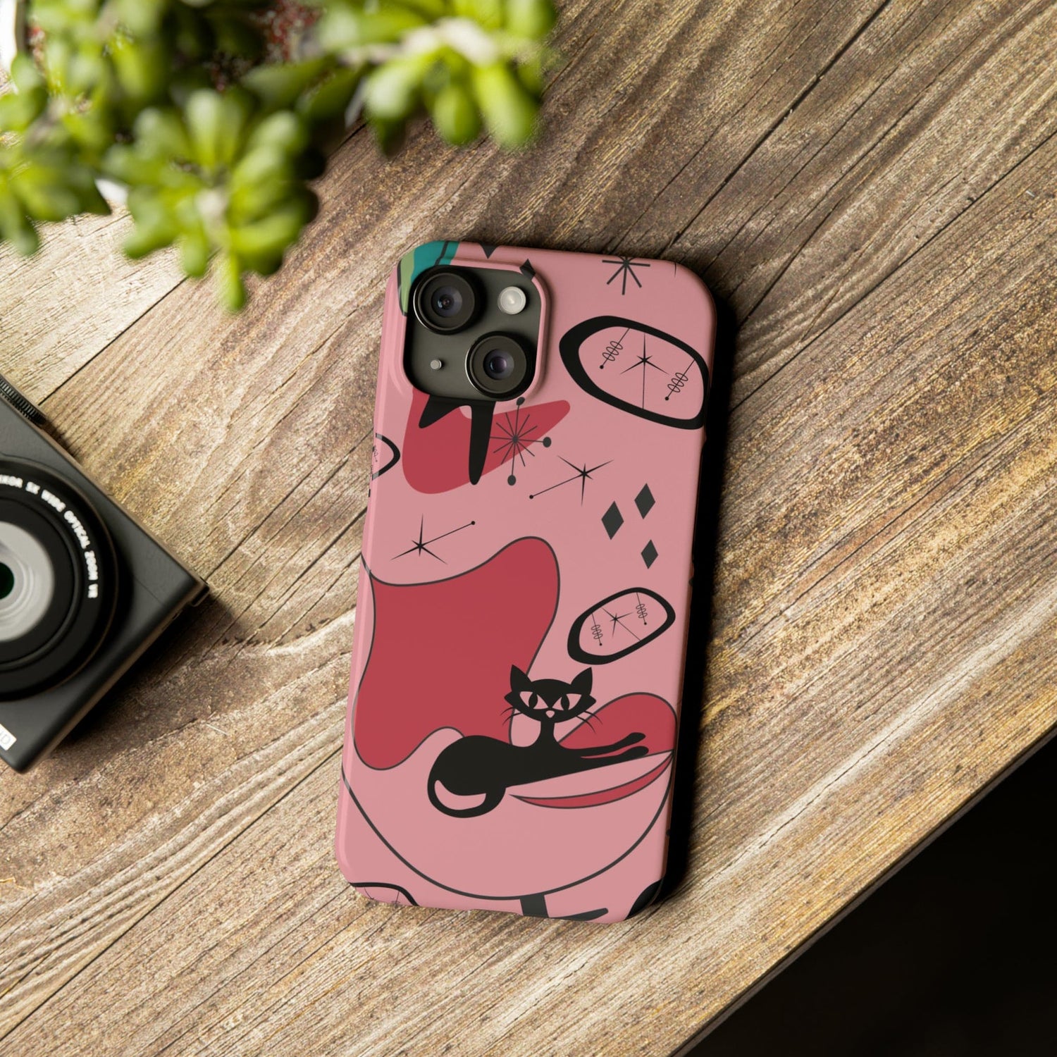 Atomic Cat, Pink Mid Century Modern, Egg Chair, Space Cat, iPhone 15, New Slim Phone Cases Phone Case