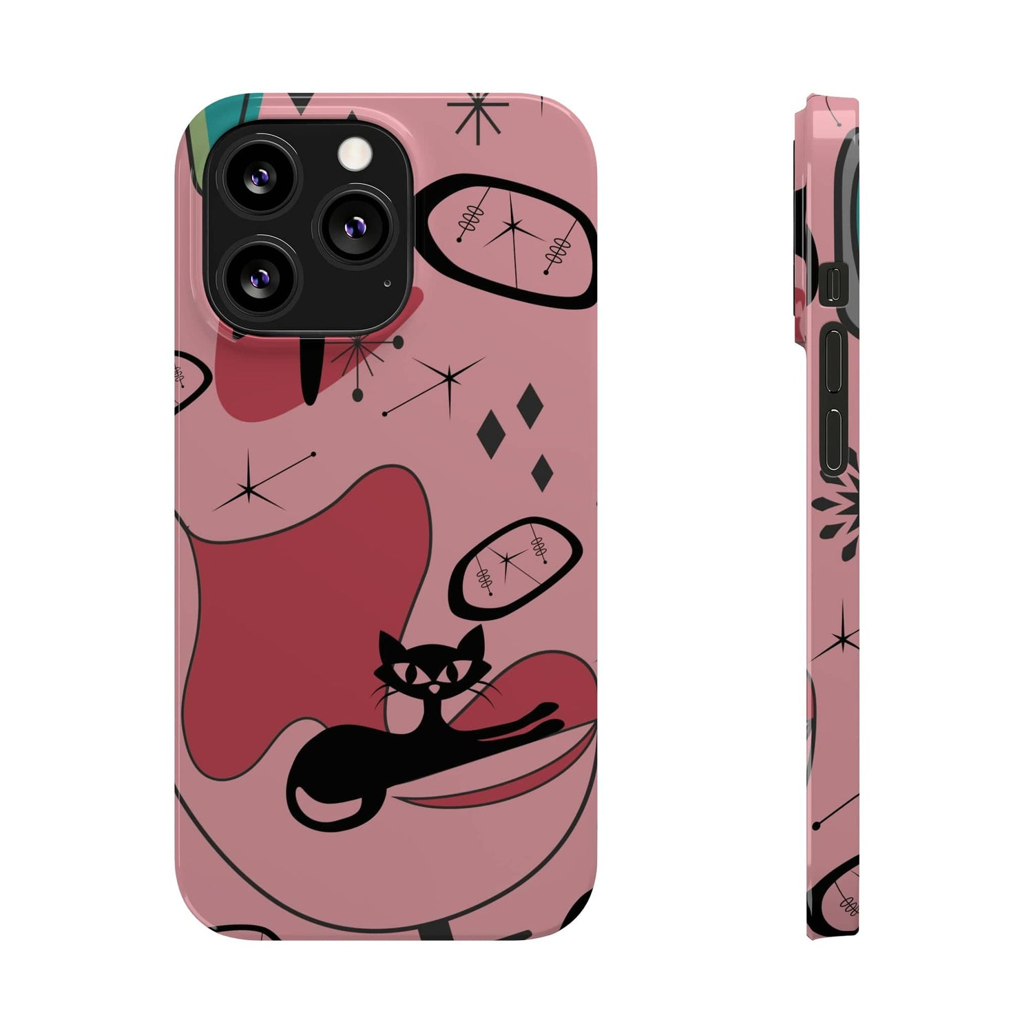 Atomic Cat, Pink Mid Century Modern, Egg Chair, Space Cat, iPhone 15, New Slim Phone Cases Phone Case