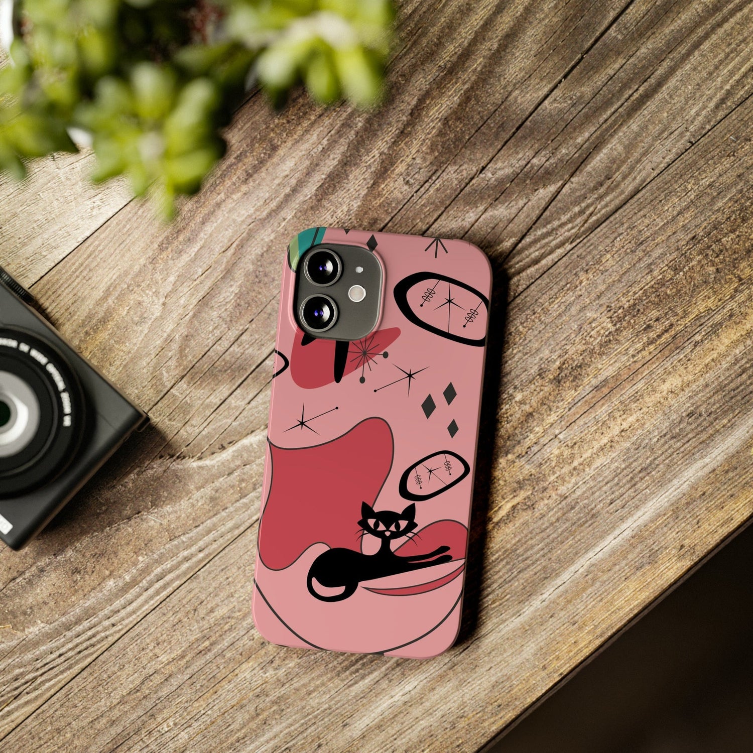 Atomic Cat, Pink Mid Century Modern, Egg Chair, Space Cat, iPhone 15, New Slim Phone Cases Phone Case