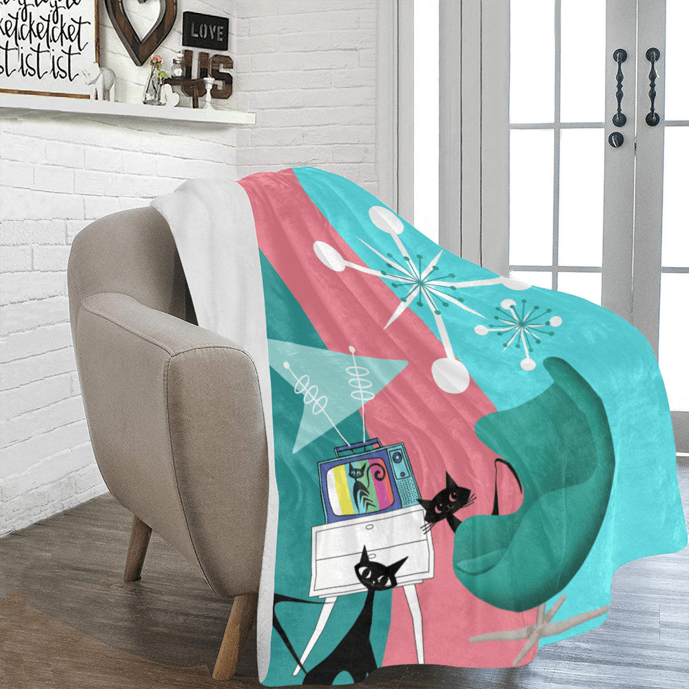 Atomic Cat, Retro Colored TV, Space Age Cats, Pink, Aqua, Teal Mid Century Modern Starbursts, Design by Mid Century Modern Gal Blanket Home Decor