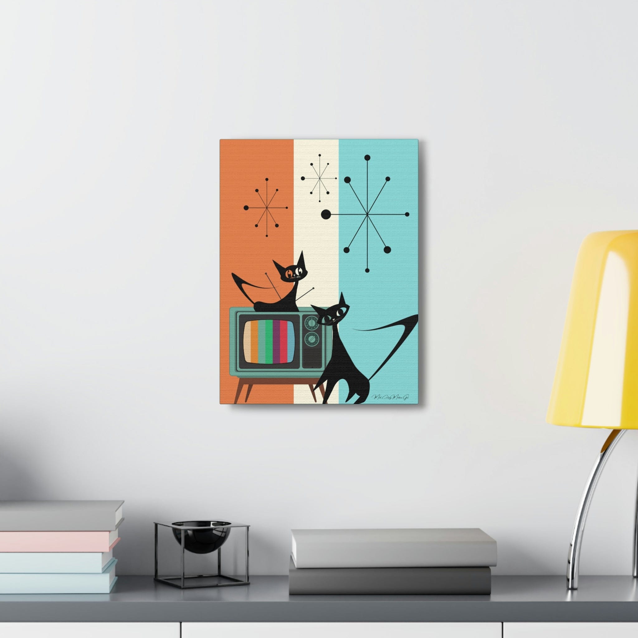 Atomic Cat Retro Colored TV, Starburst, Mid Century Modern, Aqua, Orange, Cream Groovy Canvas Wall Art Canvas
