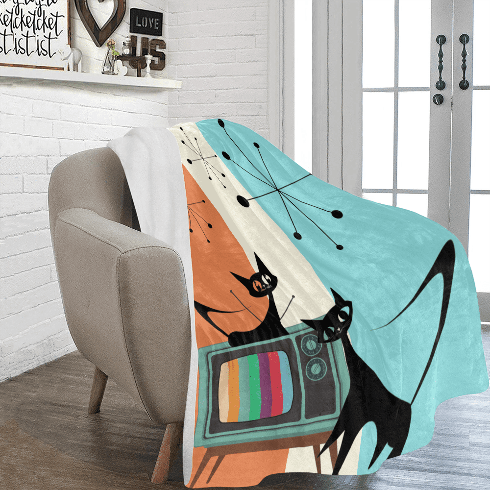 Atomic Cat Retro Colored TV, Starburst, Mid Century Modern, Aqua, Orange, Cream Groovy THIN Velveteen Plush Blanket All Over Prints