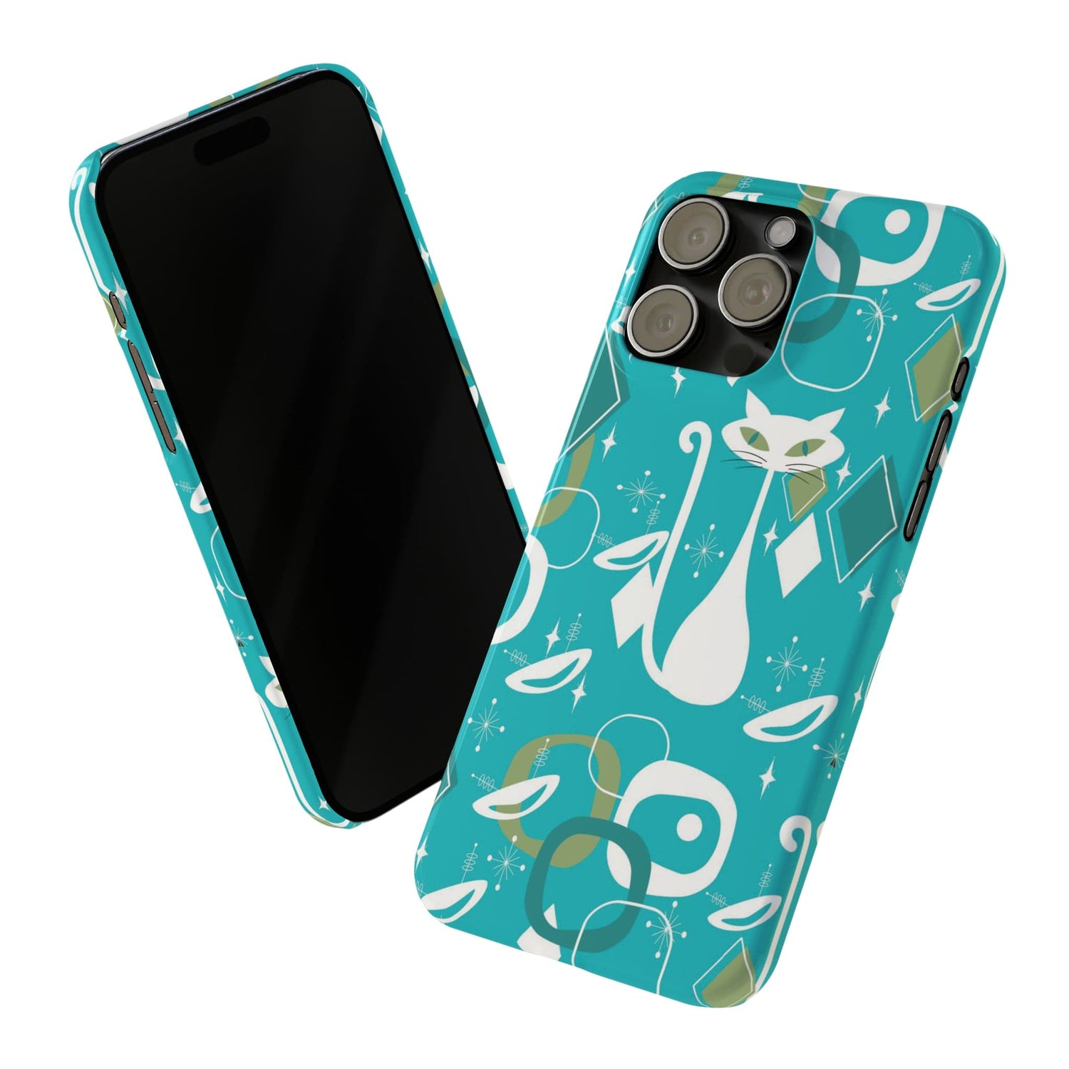 Atomic Cat Space Designs, Mid Century Modern, Aqua, White Kitschy Cat, Smart Phones New iPhone15 Model, Slim Phone Cases Phone Case