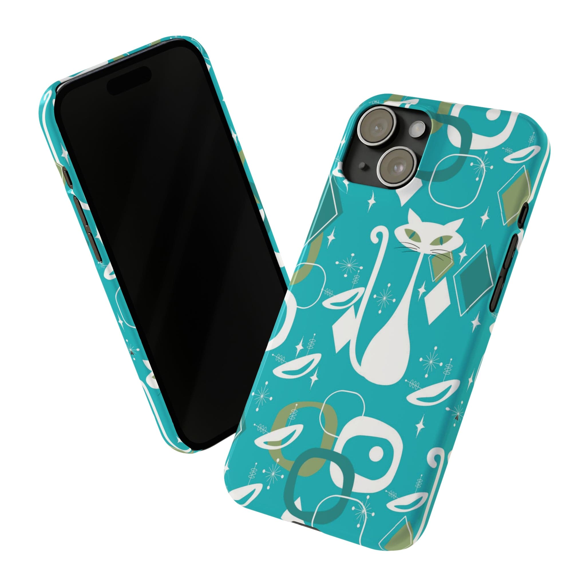 Atomic Cat Space Designs, Mid Century Modern, Aqua, White Kitschy Cat, Smart Phones New iPhone15 Model, Slim Phone Cases Phone Case