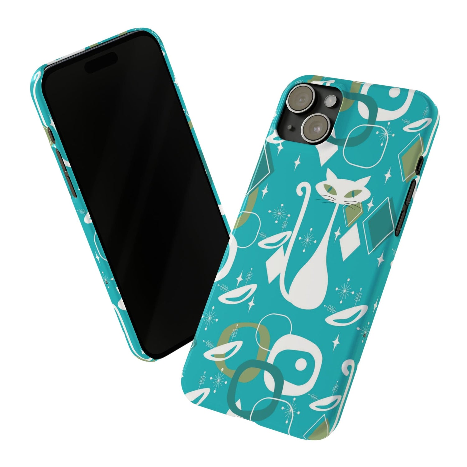 Atomic Cat Space Designs, Mid Century Modern, Aqua, White Kitschy Cat, Smart Phones New iPhone15 Model, Slim Phone Cases Atomic Cat Space Designs, Mid Century Modern, Aqua, White Kitschy Cat, Smart Phones New iPhone15 Model, Slim Phone Cases
