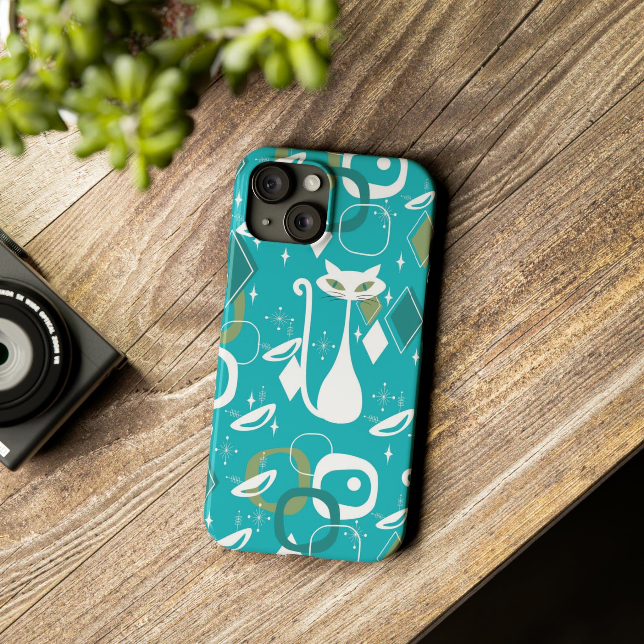 Atomic Cat Space Designs, Mid Century Modern, Aqua, White Kitschy Cat, Smart Phones New iPhone15 Model, Slim Phone Cases Phone Case