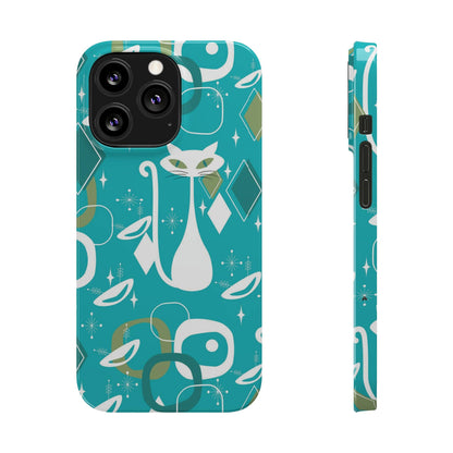 Atomic Cat Space Designs, Mid Century Modern, Aqua, White Kitschy Cat, Smart Phones New iPhone15 Model, Slim Phone Cases Phone Case