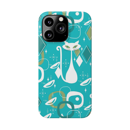 Atomic Cat Space Designs, Mid Century Modern, Aqua, White Kitschy Cat, Smart Phones New iPhone15 Model, Slim Phone Cases Phone Case