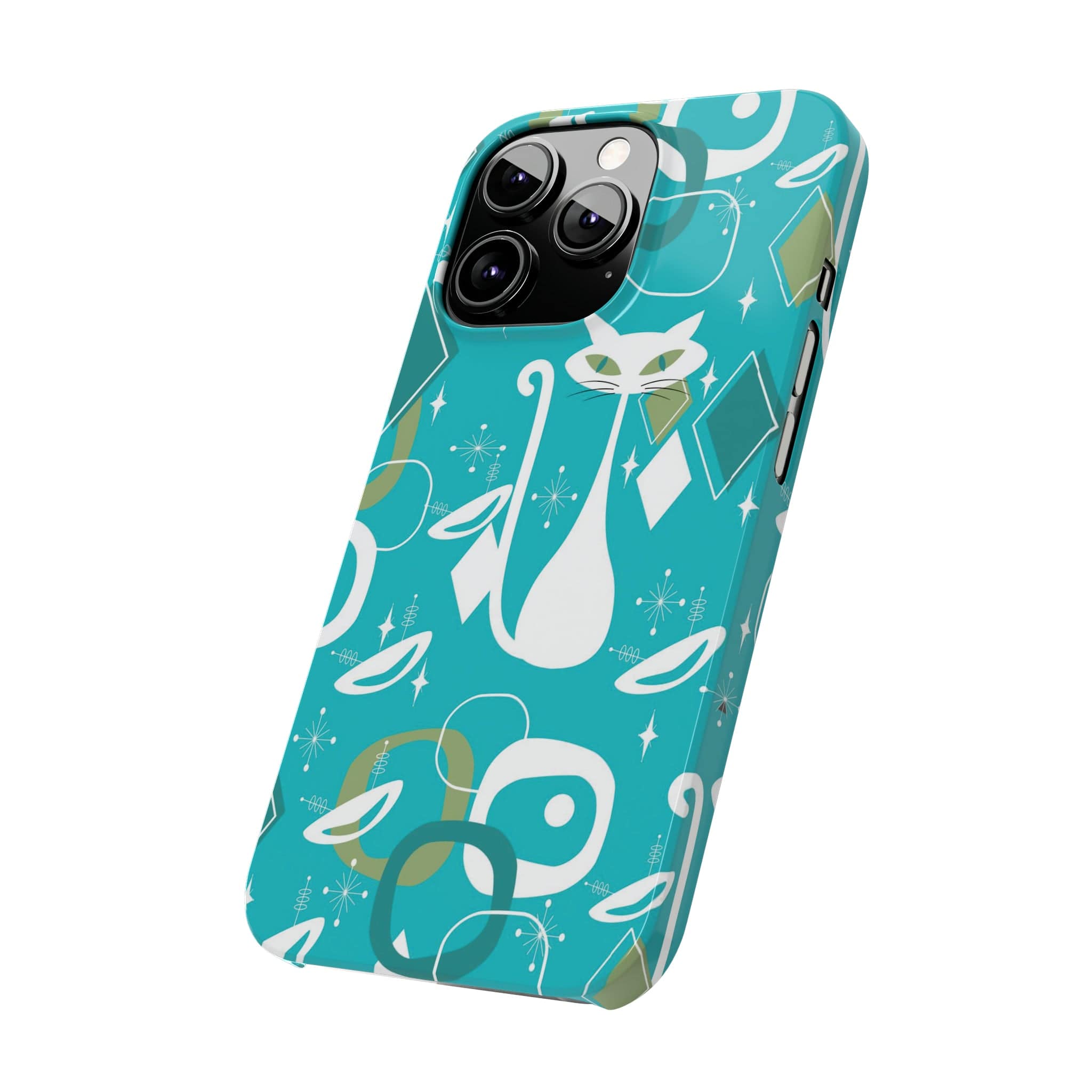 Atomic Cat Space Designs, Mid Century Modern, Aqua, White Kitschy Cat, Smart Phones New iPhone15 Model, Slim Phone Cases Phone Case