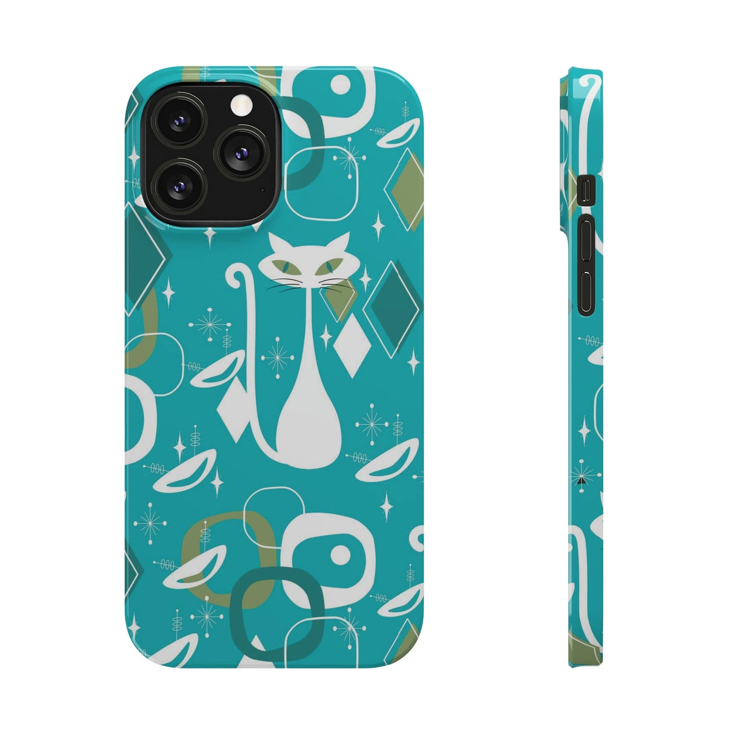 Atomic Cat Space Designs, Mid Century Modern, Aqua, White Kitschy Cat, Smart Phones New iPhone15 Model, Slim Phone Cases Phone Case