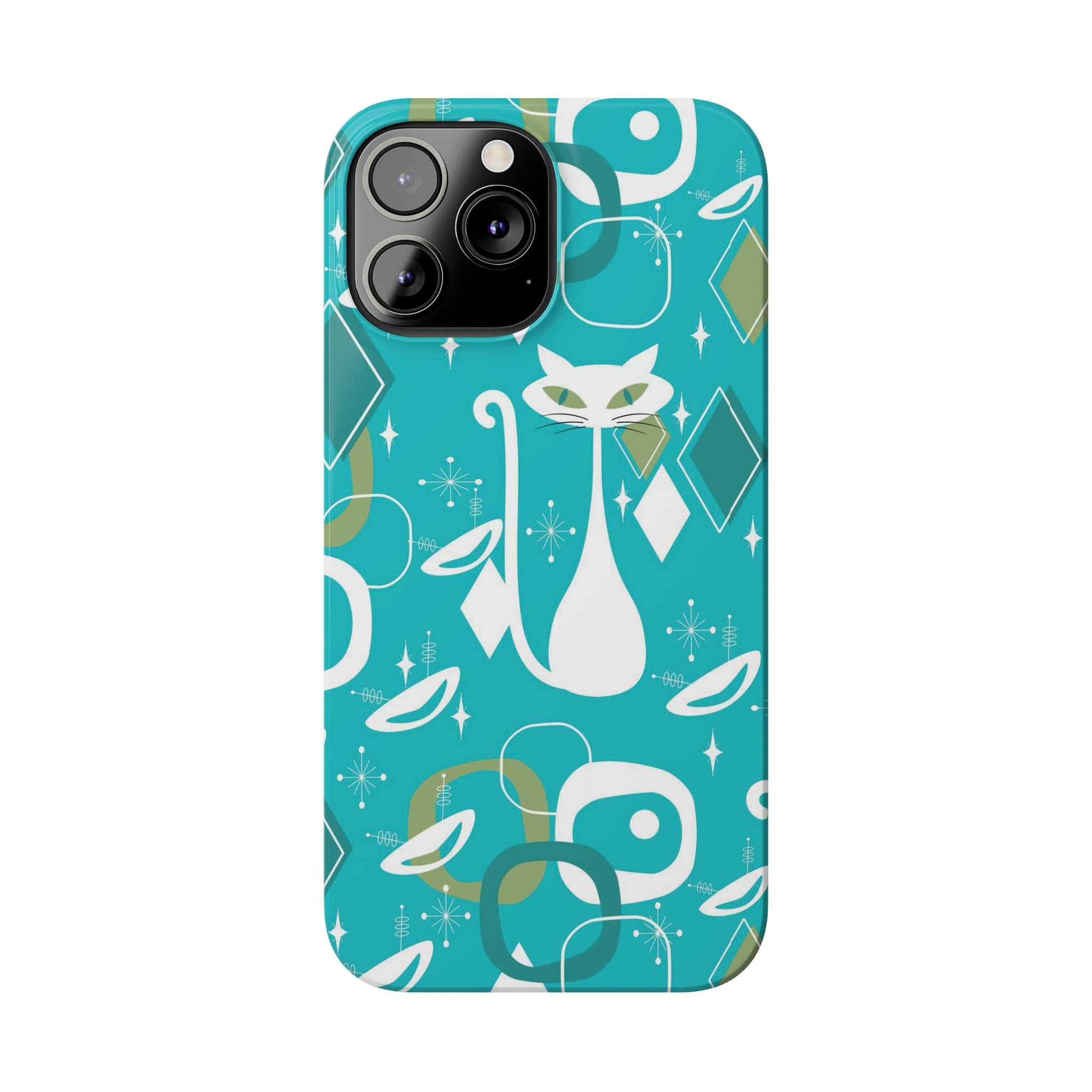 Atomic Cat Space Designs, Mid Century Modern, Aqua, White Kitschy Cat, Smart Phones New iPhone15 Model, Slim Phone Cases Phone Case