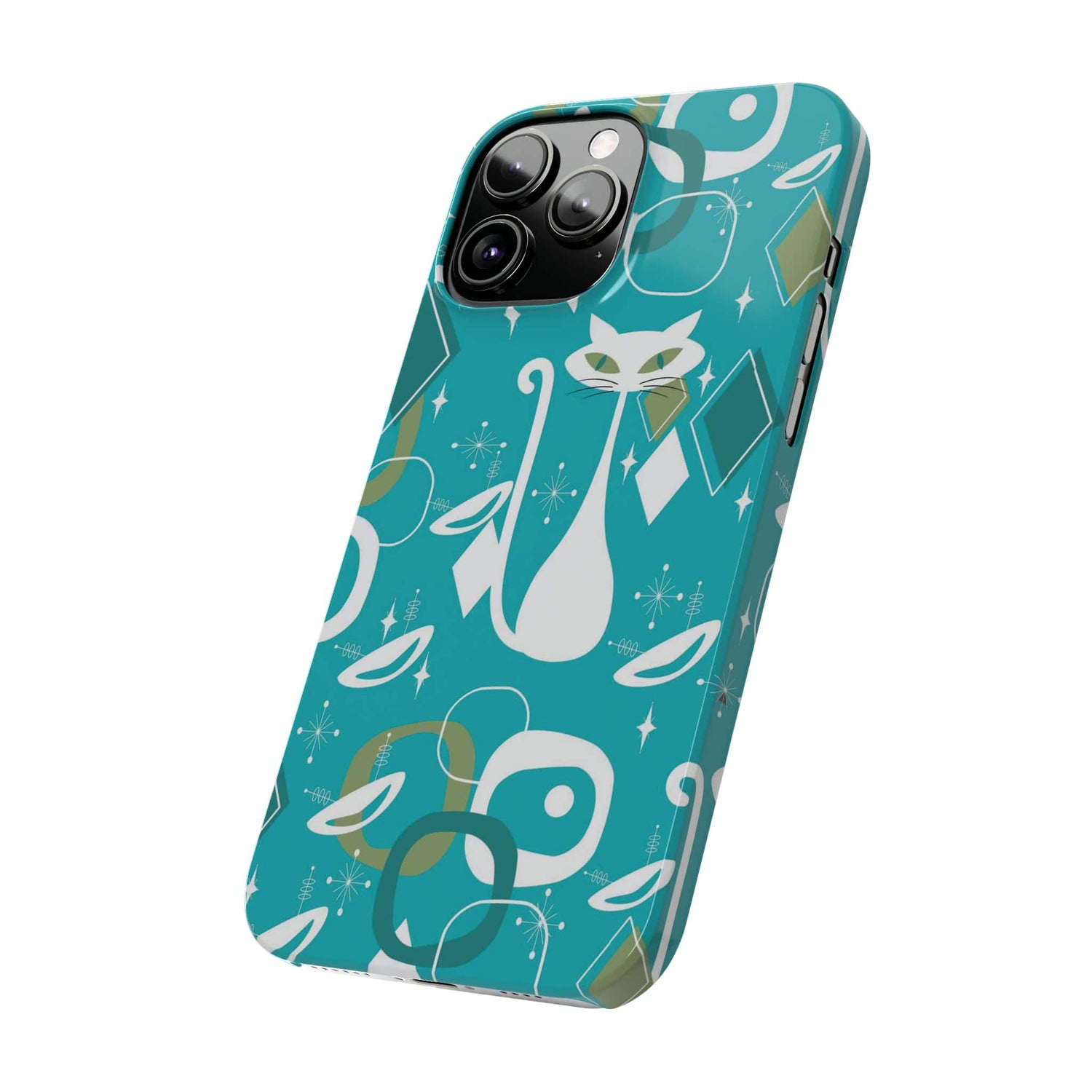 Atomic Cat Space Designs, Mid Century Modern, Aqua, White Kitschy Cat, Smart Phones New iPhone15 Model, Slim Phone Cases Phone Case