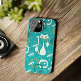 Atomic Cat Space Designs, Mid Century Modern, Aqua, White Kitschy Cat, Smart Phones New iPhone15 Model, Slim Phone Cases Phone Case