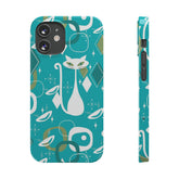 Atomic Cat Space Designs, Mid Century Modern, Aqua, White Kitschy Cat, Smart Phones New iPhone15 Model, Slim Phone Cases Phone Case Mid Century Modern Gal