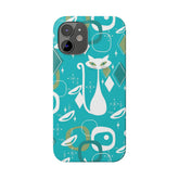 Atomic Cat Space Designs, Mid Century Modern, Aqua, White Kitschy Cat, Smart Phones New iPhone15 Model, Slim Phone Cases Phone Case Mid Century Modern Gal