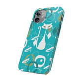 Atomic Cat Space Designs, Mid Century Modern, Aqua, White Kitschy Cat, Smart Phones New iPhone15 Model, Slim Phone Cases Phone Case Mid Century Modern Gal