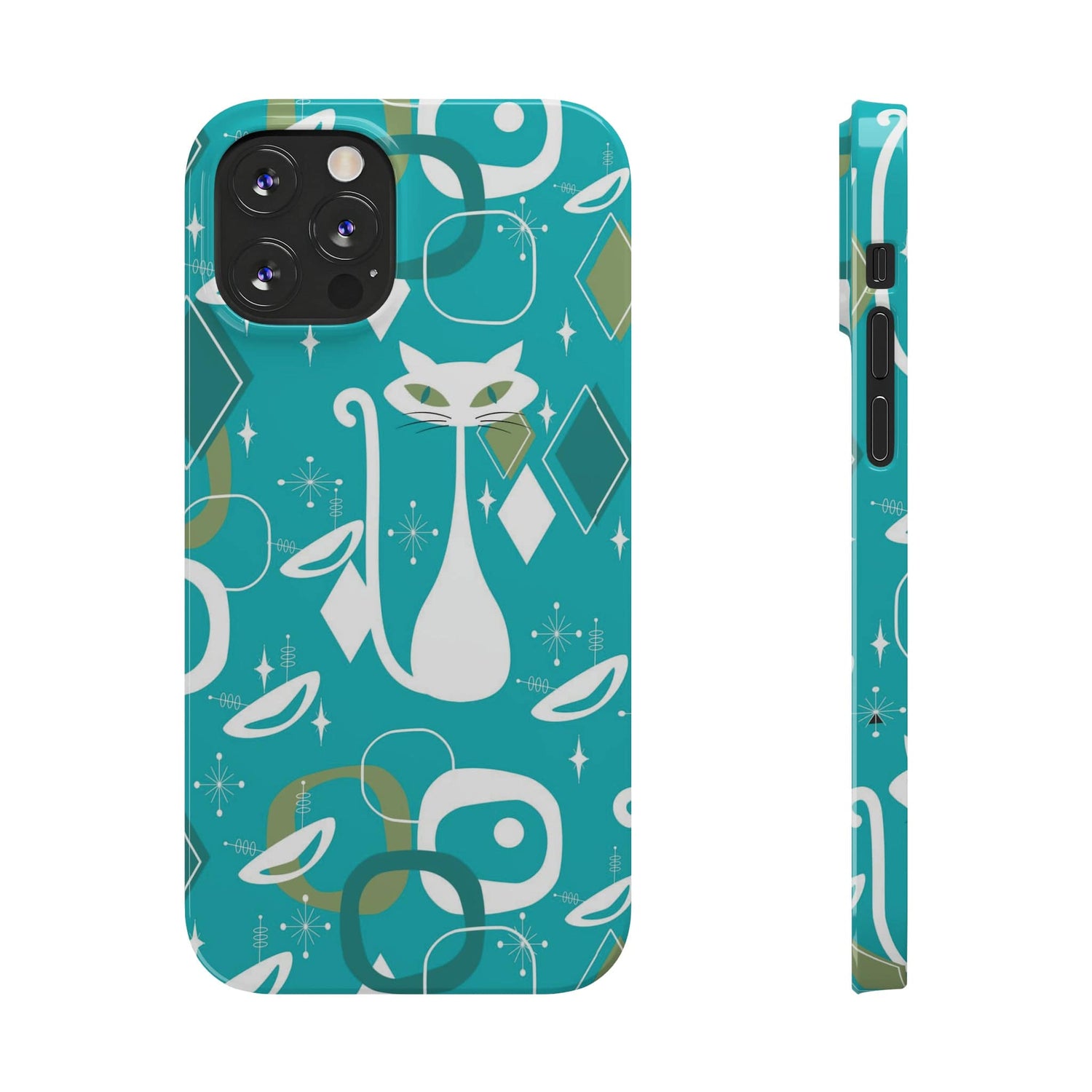 Atomic Cat Space Designs, Mid Century Modern, Aqua, White Kitschy Cat, Smart Phones New iPhone15 Model, Slim Phone Cases Phone Case